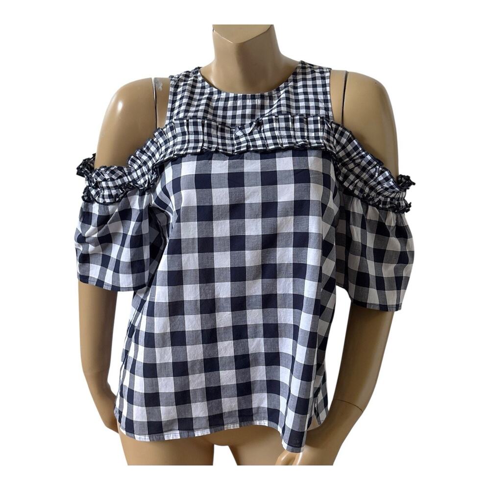 Crown & Ivy Top Womens Medium Blue White Gingham Cold Shoulder Ruffle Blouse